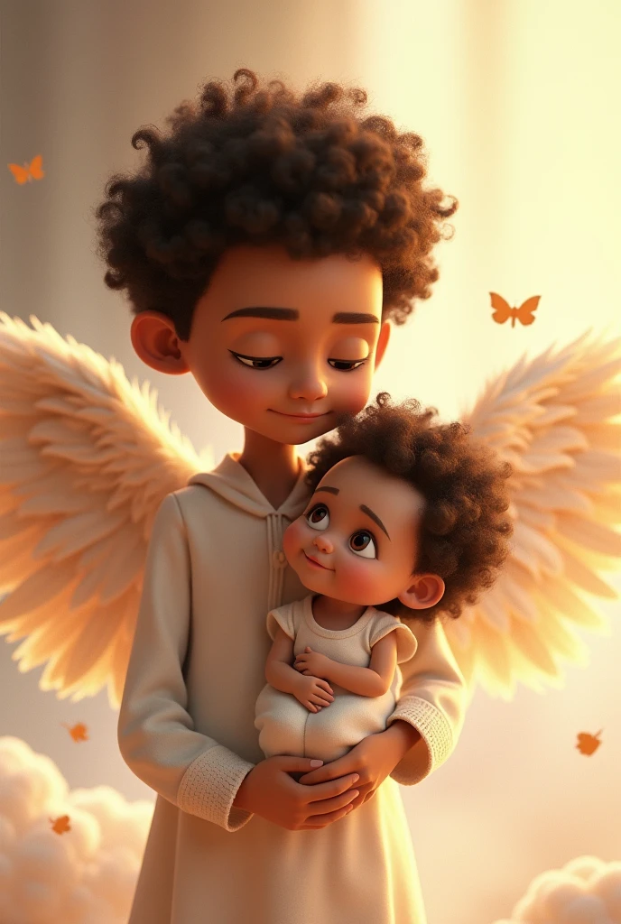 Image of dad and son with curly hair, thin,white skin and big eyes. The son must be a baby and the father 2, with angel wings. With the names of Samuel and Rashid