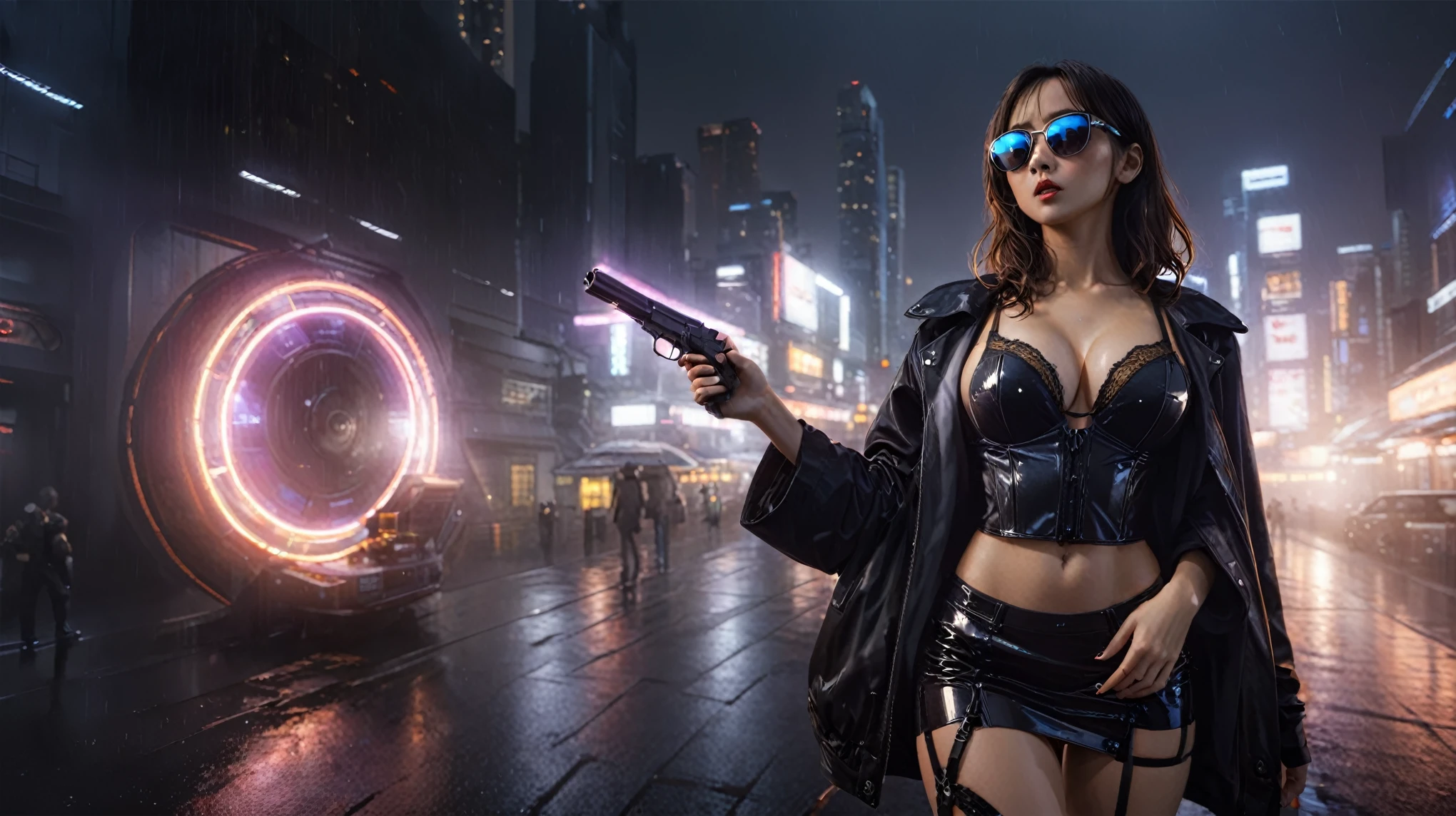 Blade Runner style futuristic Tokyo city, flying cars, neon lights, rainy night. (1girl, solo, alone), large-breast:1.2 slim:0.9 body, oval:0.8 face, cleavage:1.1, sexy laced lingerie, low angle view of miniskirt, jacket, (black micro sunglasses), (holding a short gun), half-body thigh level medium shot, cinematic lighting, ray tracing.
