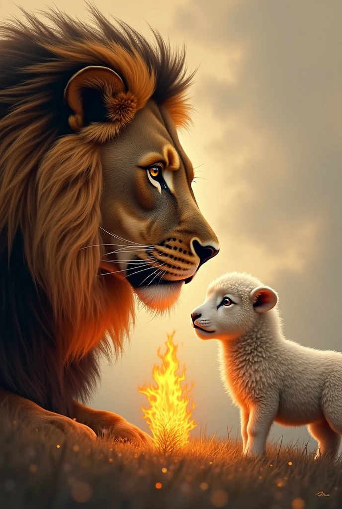 Face of a lion looking to the left. A lamb's face below looking to the right and a flame between them.