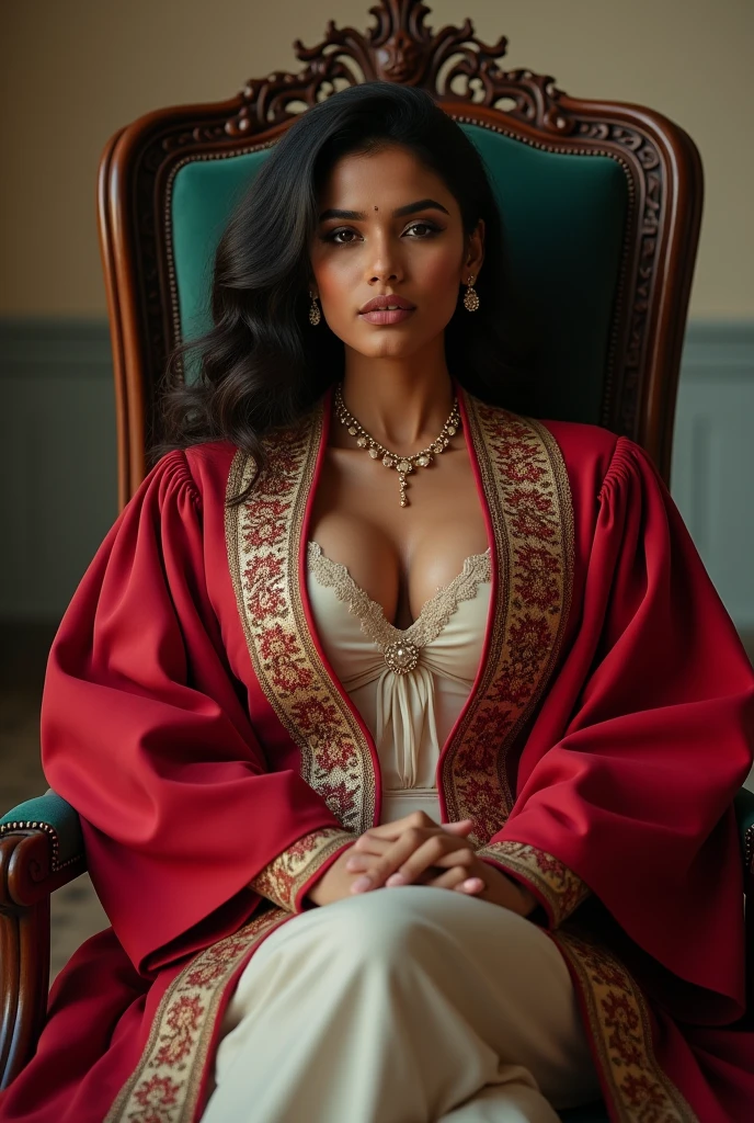 wearing black full body Academic regalia ( 1.2, ) beautiful sri lankan wealthy girl foward sit in chair( indian)