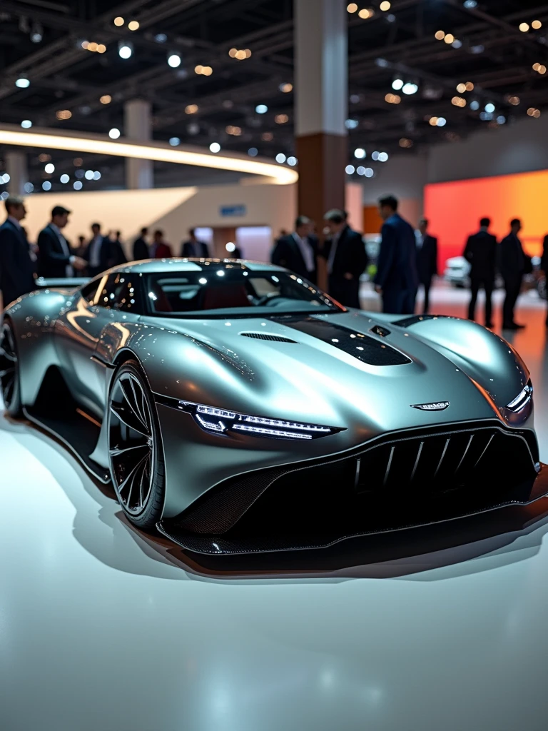 Aston Martin hypercar prototype in auto expo, include hyper realism, futuristic material, cutting edge design, hd, 4k.