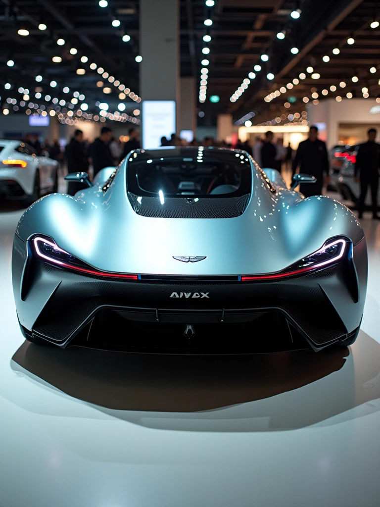 Aston Martin hypercar prototype in auto expo, include hyper realism, futuristic material, cutting edge design, hd, 4k.