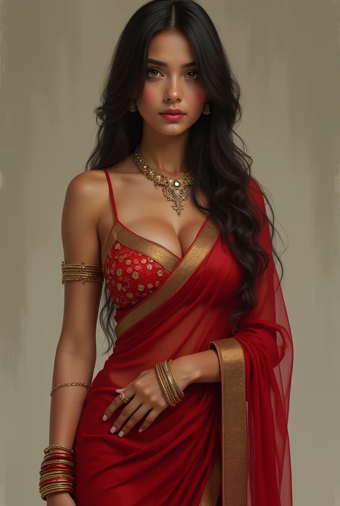 1 girl in, 20 year, standing alone, long hair, Indian, looking ahead at viewer, hair Brunette, greeneyes, jewerly, whole body, a necklace, Saree, realisitic, A sexy, big boobies