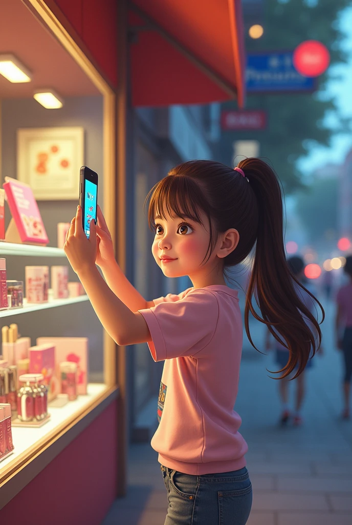 A young girl on the street , in front of a beauty salon( You can see the beauty salon sign)He is holding the phone in his hand pointing towards the display case(as if I were recording with the mobile camera).