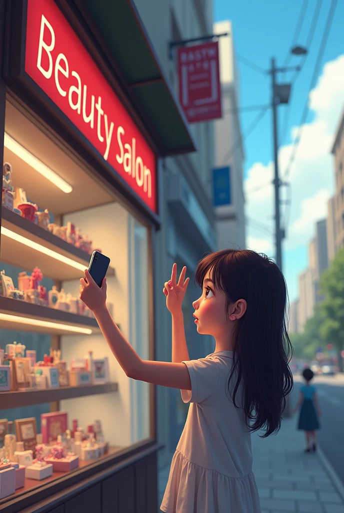 A young girl on the street , in front of a beauty salon( You can see the beauty salon sign)He is holding the phone in his hand pointing towards the display case(as if I were recording with the mobile camera).