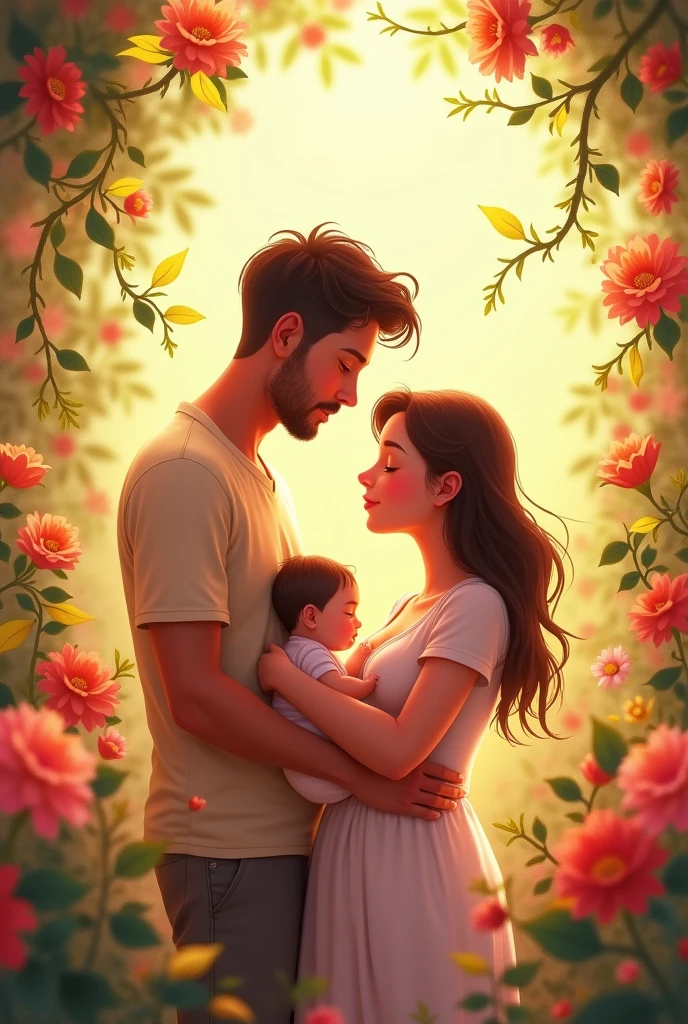 Animated image of mother breastfeeding her baby accompanied by her husband, surrounded by flowers, forming a tender image