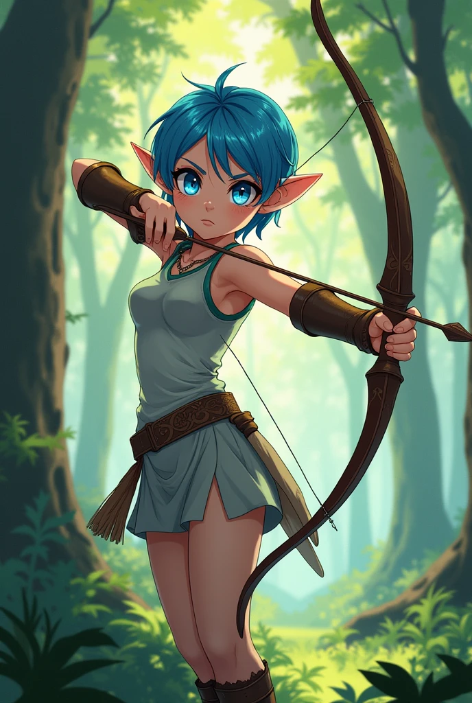 Create an anime style elf with short blue hair, blue eye, holding a bow and arrow
