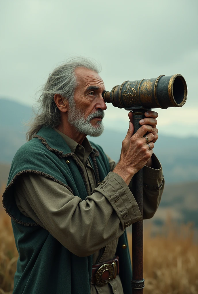 a man of about 2 with an old telescope that can see good and evil