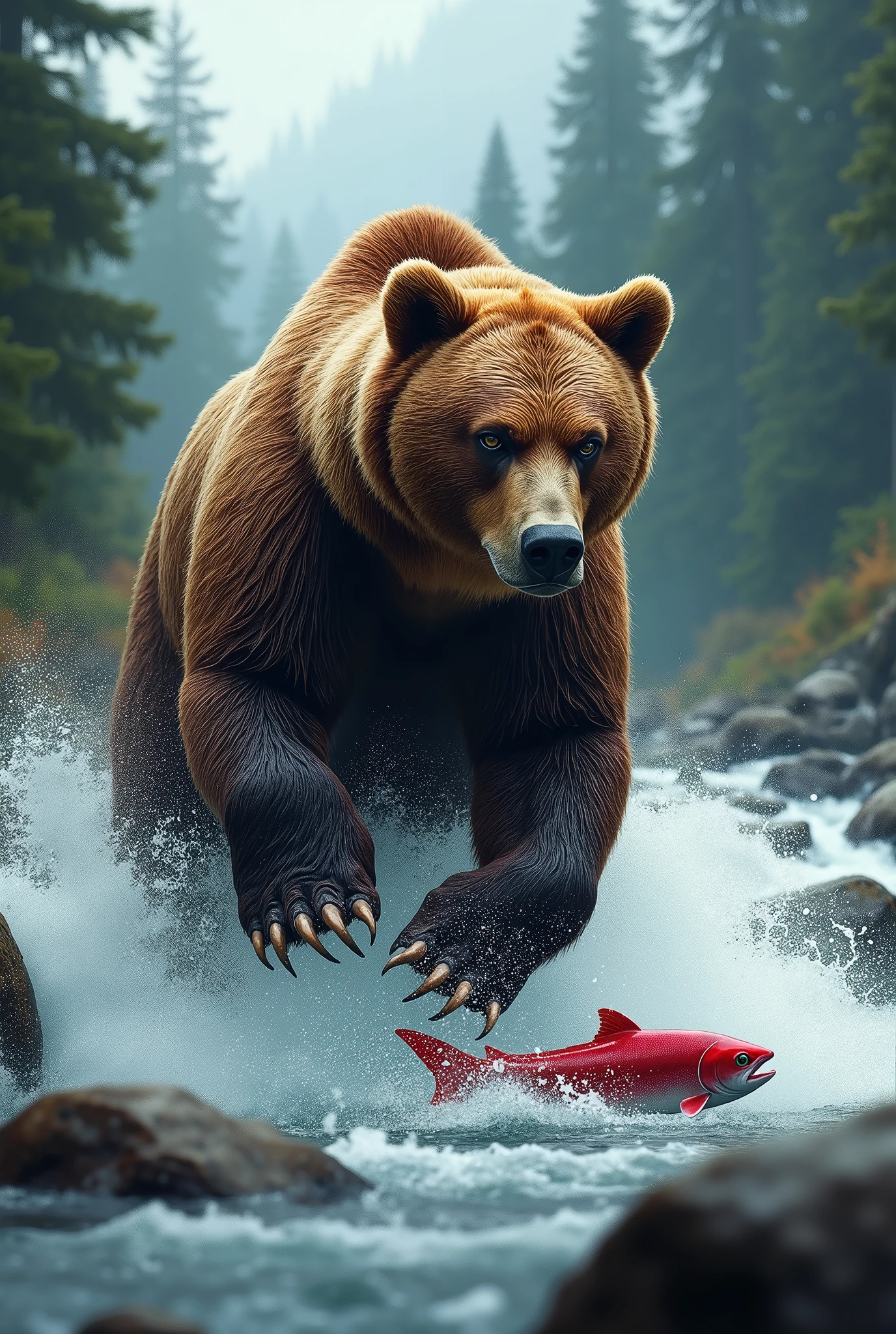 A large brown bear standing in rapids of a rushing river, grabbing salmon out of the water with it's claws, in coniferous forest, mist