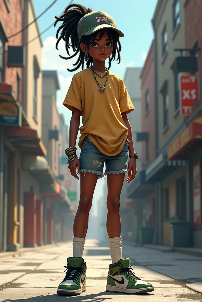 Tomboy girl with dreadlocks wearing short, t-shirt, cap, ice chain and long white socks with air jordan shoes