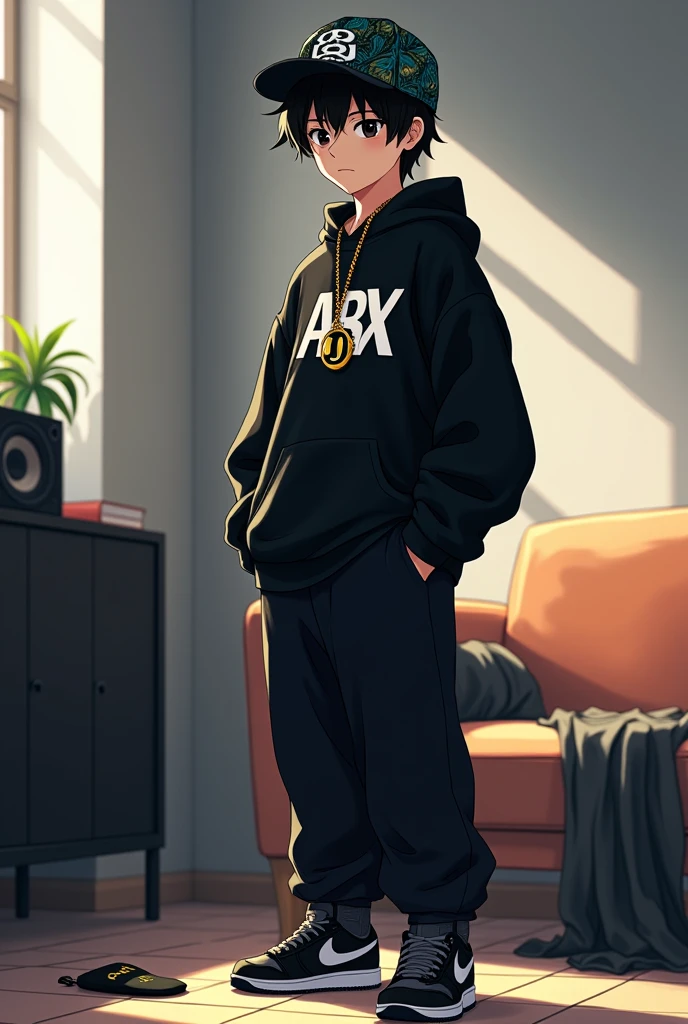 teenager man, Hip hop style head cap with peacock print, black eyes, standing in a room with grey walls with black furniture and bright lights, slave chain with the initial Arx in gold, Loose black sweatshirt with a print in the center written ARX in white, long black pants and Nike sports shoes, interior, soft light, close relaxed pose, with a mitten that says ANGEL on the handle, In the background a music system, anime realist, warm colors, by Greg Rutkowski, by Alphonse Mucha, Only half body.