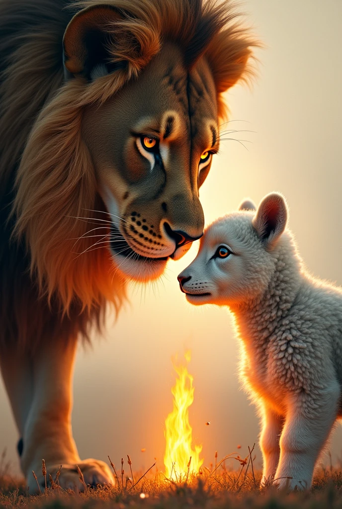Face of a lion looking to the left. A lamb's face below looking to the right and a flame between them.