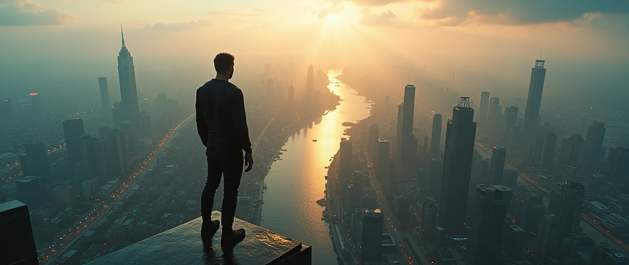 High-quality photograph of a вид с крыши небоскрёба. First person view of a man standing on the edge of a roof. Cinematic light,