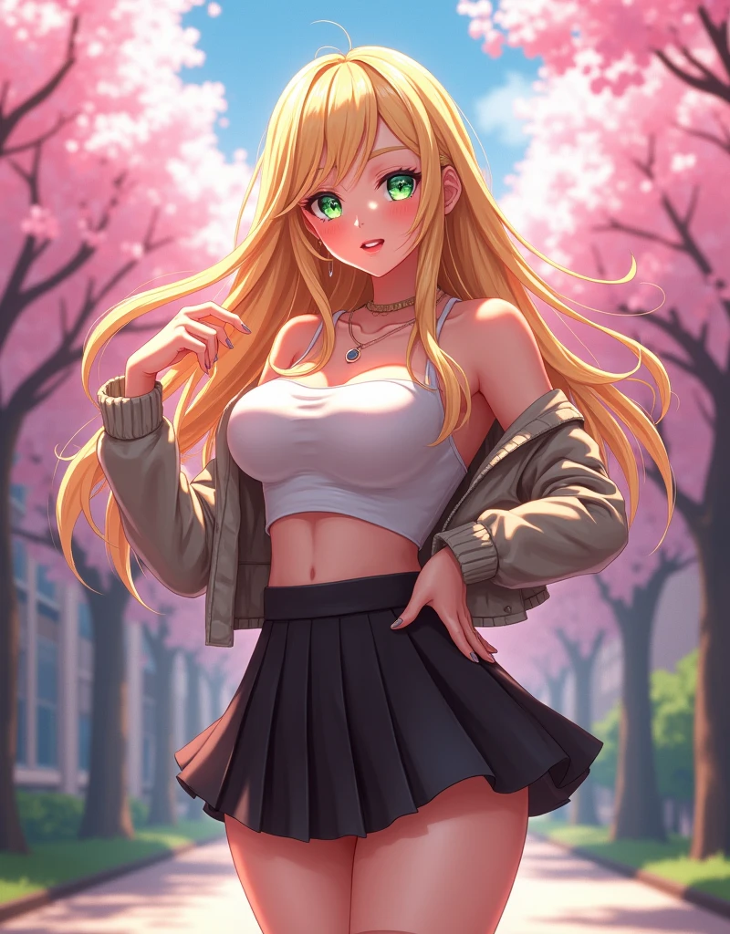 2.5D Masterpiece Anime. A 22-year-old female college student. Long, wavy golden blonde hair with exaggerated flow and shine, large emerald green eyes with stylized reflections and long lashes, full lips in a coy smile. Anime-styled beautiful face with a slender nose and defined jawline. Curvy figure with 34D breasts, emphasized by a form-fitting top and fashionable short jacket. Trendy, slightly provocative college outfit including a pleated skirt and thigh-high socks. Standing confidently with one hand on hip, other hand playing with a strand of hair. Background shows a stylized university campus with cherry blossom trees in full bloom.