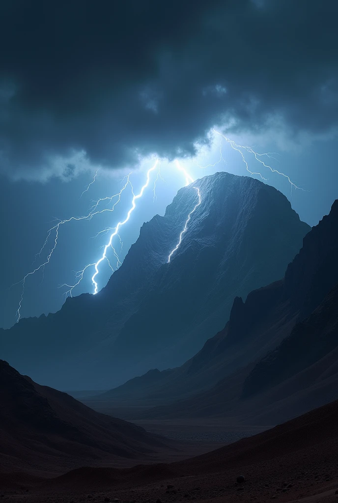 Extreme thunderstorm in Sinai mountains; great and strong thunder and lightning; a terrible darkness covers the summit of the mountain, creating a spectacle of terror and amazement; masterpiece; UHD