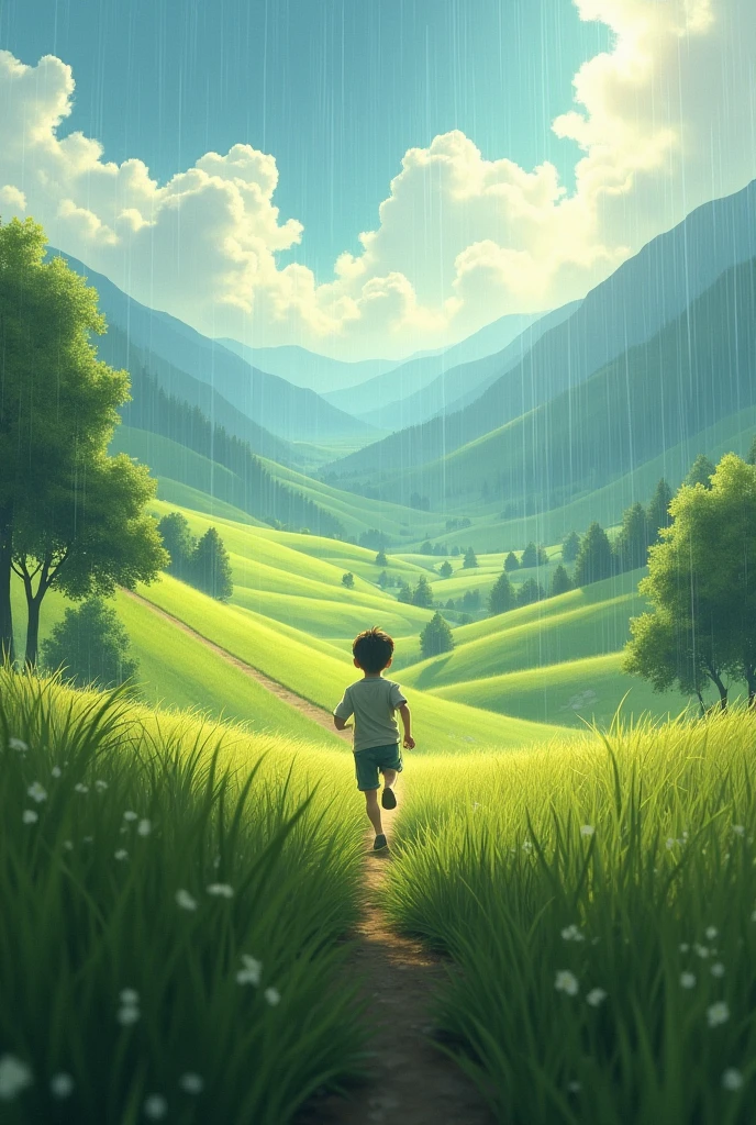 Hills+roads+sunlight+rain+lonely boy running +tress
