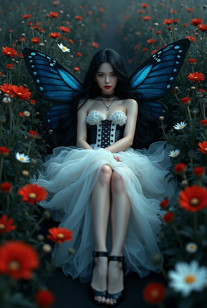 high details, best quality, 16k, RAW, [best detailed], masterpiece, best quality, (extremely detailed), full body, ultra wide shot, photorealistic, dark fantasy art, goth art, RPG art, D&D art, a picture of a dark female fairy resting in a flower meadow, extremely beautiful fairy, ultra feminine (intense details, Masterpiece, best quality), best detailed face (intense details, Masterpiece, best quality), having wide butterfly wings, spread butterfly wings (intense details, Masterpiece, best quality), dark colors wings (intense details, Masterpiece, best quality), black hair, long hair, shinning hair, flowing hair, shy smile, innocent smile, blue eyes, dark red lips, wearing ((white: 1.5)) lace dress (intense details, Masterpiece, best quality), ((white lace: 1.5)) corset (intense details, Masterpiece, best quality), dynamic elegant shirt, chocker, wearing high heels, in dark colored flower meadow (intense details, Masterpiece, best quality), (red flowers: 1.2) , (black flowers: 1.2), (white flowers: 1.2), (blue flowers: 1.3) [extreme many flowers] (intense details, Masterpiece, best quality), dark colorful flowers (intense details, Masterpiece, best quality), flower meadow in a dark goth field background, dim light, cinematic light, High Detail, Ultra High Quality, High Resolution, 16K Resolution, Ultra HD Pictures, 3D rendering Ultra Realistic, Clear Details, Realistic Detail, Ultra High Definition, lace drawing, betmd, DonMF41ryW1ng5XL
