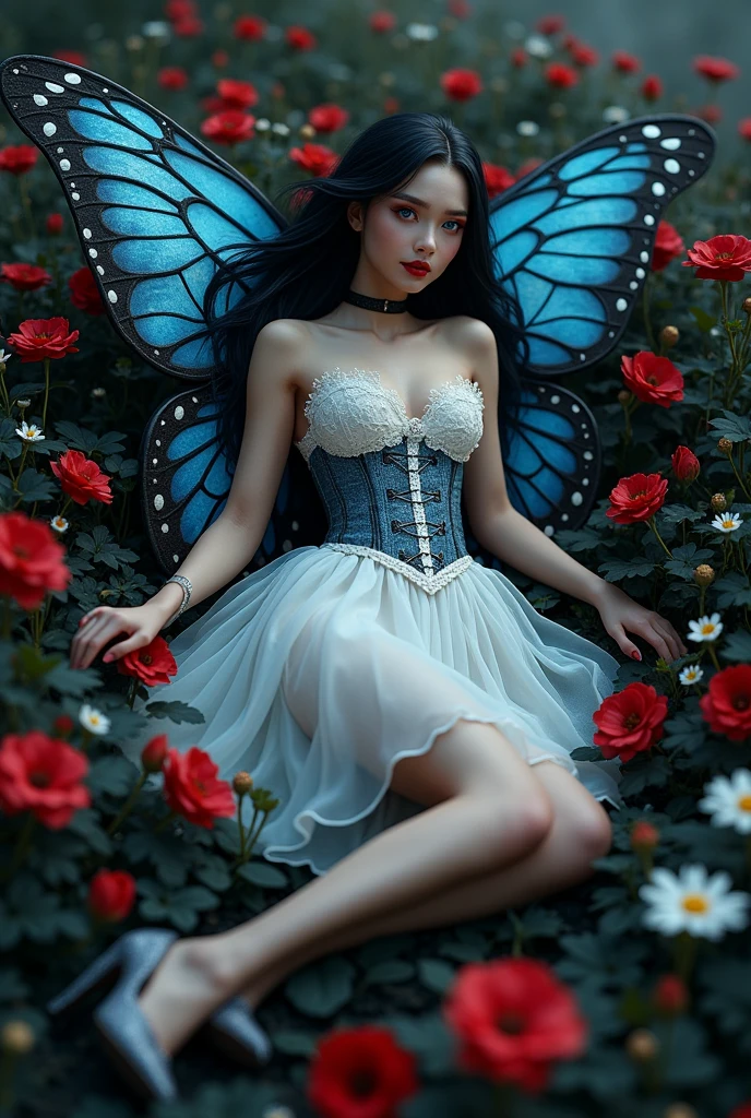 high details, best quality, 16k, RAW, [best detailed], masterpiece, best quality, (extremely detailed), full body, ultra wide shot, photorealistic, dark fantasy art, goth art, RPG art, D&D art, a picture of a dark female fairy resting in a flower meadow, extremely beautiful fairy, ultra feminine (intense details, Masterpiece, best quality), best detailed face (intense details, Masterpiece, best quality), having wide butterfly wings, spread butterfly wings (intense details, Masterpiece, best quality), dark colors wings (intense details, Masterpiece, best quality), black hair, long hair, shinning hair, flowing hair, shy smile, innocent smile, blue eyes, dark red lips, wearing ((white: 1.5)) lace dress (intense details, Masterpiece, best quality), ((white lace: 1.5)) corset (intense details, Masterpiece, best quality), dynamic elegant shirt, chocker, wearing high heels, in dark colored flower meadow (intense details, Masterpiece, best quality), (red flowers: 1.2) , (black flowers: 1.2), (white flowers: 1.2), (blue flowers: 1.3) [extreme many flowers] (intense details, Masterpiece, best quality), dark colorful flowers (intense details, Masterpiece, best quality), flower meadow in a dark goth field background, dim light, cinematic light, High Detail, Ultra High Quality, High Resolution, 16K Resolution, Ultra HD Pictures, 3D rendering Ultra Realistic, Clear Details, Realistic Detail, Ultra High Definition, lace drawing, betmd, DonMF41ryW1ng5XL
