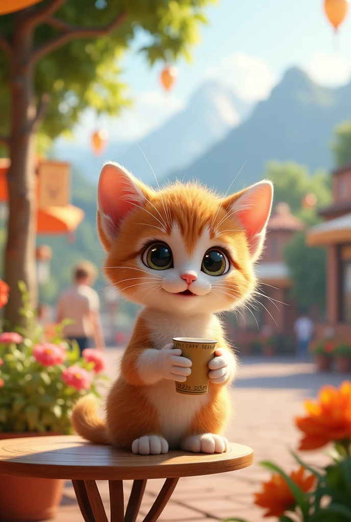{ "size": "1024x1024", "prompt": "A cute 3D kitten, inspired by the animation styles of Pixar and DreamWorks. The kitten has big, expressive eyes, soft fur, and a playful expression. The fur color is random, with possible mixes like light orange, white, gray, black, or a combination. The kitten is sitting at a small table in a charming outdoor bistro, holding a tiny coffee cup with both paws. The bistro is set in a vibrant, interactive landscape, with colorful flowers, lush green trees, and a gentle breeze. In the background, there's a beautiful view of distant mountains or a scenic park, with people casually walking by or enjoying their day. The scene is lively and heartwarming, capturing a peaceful, whimsical moment of the kitten enjoying a coffee in a beautiful, open-air setting." }