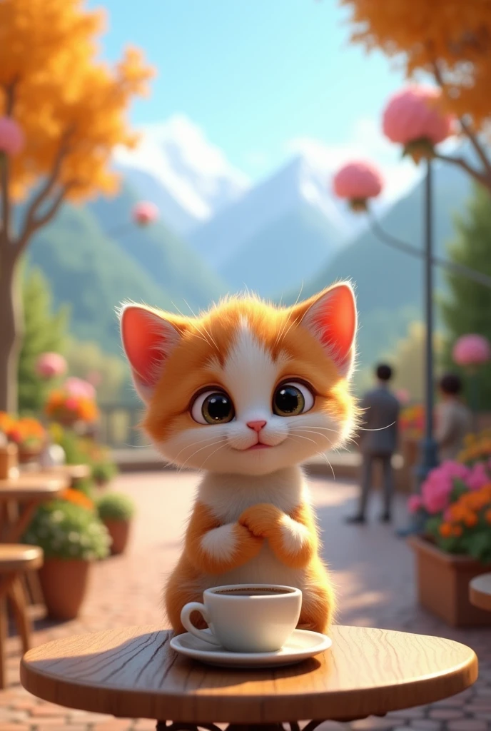 { "size": "1024x1024", "prompt": "A cute 3D kitten, inspired by the animation styles of Pixar and DreamWorks. The kitten has big, expressive eyes, soft fur, and a playful expression. The fur color is random, with possible mixes like light orange, white, gray, black, or a combination. The kitten is sitting at a small table in a charming outdoor bistro, holding a tiny coffee cup with both paws. The bistro is set in a vibrant, interactive landscape, with colorful flowers, lush green trees, and a gentle breeze. In the background, there's a beautiful view of distant mountains or a scenic park, with people casually walking by or enjoying their day. The scene is lively and heartwarming, capturing a peaceful, whimsical moment of the kitten enjoying a coffee in a beautiful, open-air setting." }