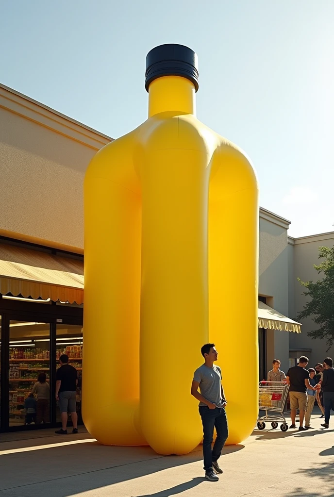 an inflatable olive oil bottle, rectangular bottle with rounded corners, next to the door of a supermarket, customers entering with the shopping cart, big doors, photo taken from the outside, sunshine light, high qualiy