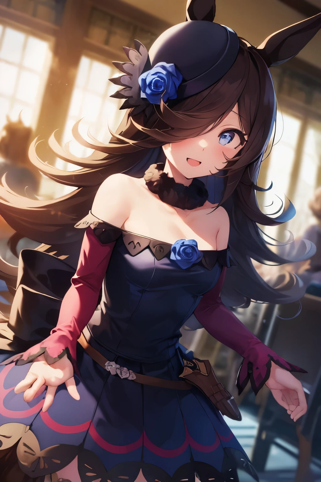 (table top.highest quality).(dynamic angle). (CG painting with very impressive details),(perfect image)、comic strip.figure.1 girl.detailed face、perfect face.delicate face、girl in delicate clothes、rough skin、black hair.length、(Umamimi girl)Umamimi girl、((beautiful blue eyes)).delicate and beautiful eyes、detailed eyes、reflected eyes、smile.(look at the viewer:1.3).(face is a little red:0.8)、8k wallpaper、cowboy shot、reflected light、most detailed、Complex、delicate background、rough skin、fine skin、(super resolution)、