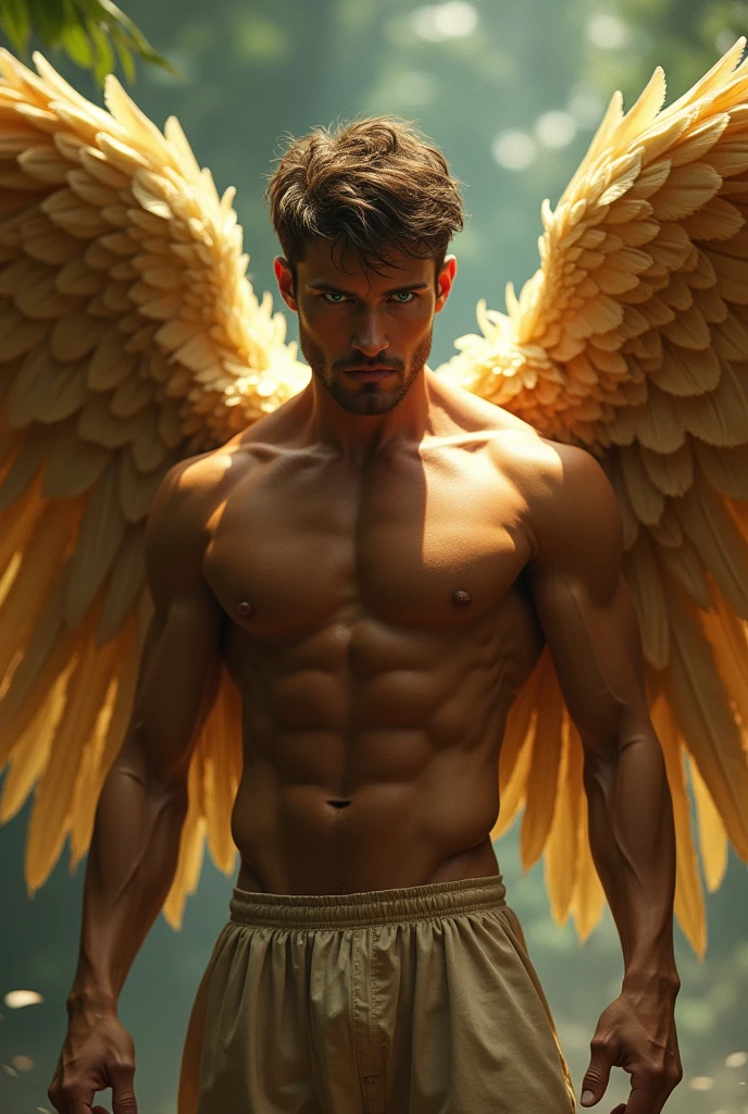 Brown man, with green eyes, with golden wings, naked showing his big penis  