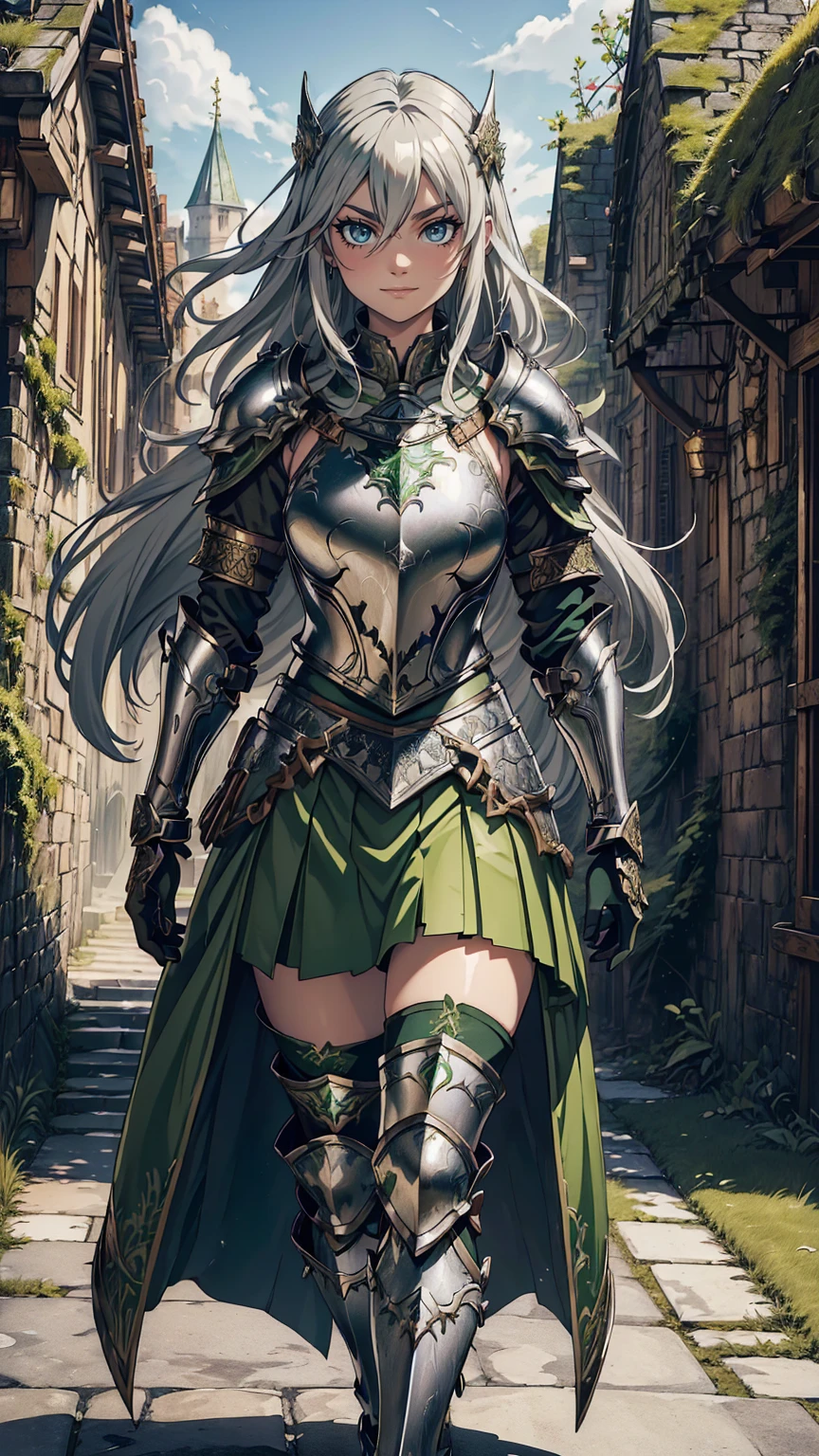 最high quality、Ultra High Definition, Ultra High Quality, Hyper Detailed, Extremely Detailed, Best image quality、masterpiece、anime woman((20-year-old、super dynamic pose , Dancing, Green solid eyes, Silver long Hair 、Disheveled Hair 、Long White Hair, Glove、Green Skirt,  Nature Design Armor, She is smiling like a villain, cheerful expression, charismatic, Detailed Cuirass , Wearing  Full Coverage Fantasy Plate Armor, leg armor))Beautiful art、background((Inside the castle))、Written boundary depth、anime style,Visual Art, 8K,Genuine