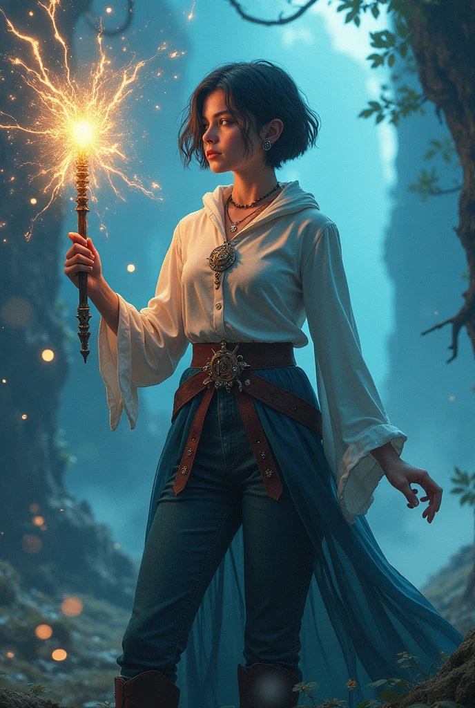 "size": "1024x1024",
"prompt": "A powerful 18-year-old girl standing confidently, holding a glowing magic stick in her hand. She has a determined expression, with short hair and is dressed in a fantasy-inspired outfit. The background features a mystical landscape with swirling magical energy around her, emphasizing her strength and magical abilities."
}
```