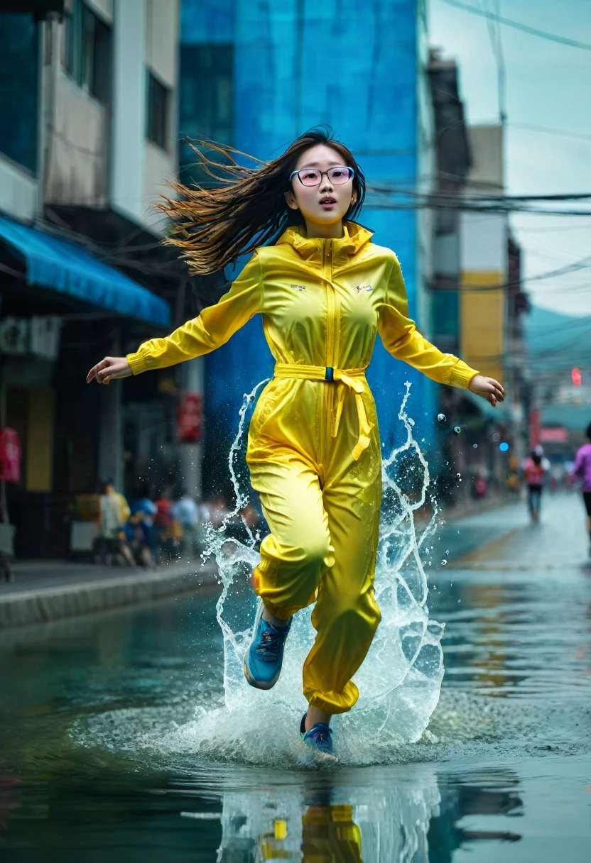 Chinese japan women average age 15 year old wear jumpasuit high tech(( blue yellow)). Running effect. Glowing yellow power. Runfast effect. Wear blue big glasses big frame.running speed of light. running athlete. Braces teeth. waterfall background .Bokeh background. Panning effect. Yellow high tech watch. a beautiful young chinese women, , wearing a high-tech blue and yellow loose jumpsuit,run on water, floating water bubble, photorealistic, detailed facial features, long hair, elegant pose, dynamic lighting. glowing body yellow lightning effect, 8k, award-winning digital art, intricate details, vibrant colors, cinematic composition. very fasr run, highly detailed. light trail effect. speed of light. froze time effect. at the city.run water .shallow water . spash water. the girl run fast on wet road. between lamboghini.
