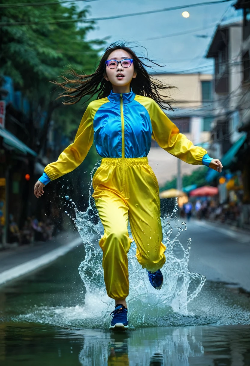 Chinese japan women average  wear jumpasuit high tech(( blue yellow)). Running effect. Glowing yellow power. Runfast effect. Wear blue big glasses big frame.running speed of light. running athlete. Braces teeth. waterfall background .Bokeh background. Panning effect. Yellow high tech watch. a beautiful young chinese women, , wearing a high-tech blue and yellow loose jumpsuit,run on water, floating water bubble, photorealistic, detailed facial features, long hair, elegant pose, dynamic lighting. glowing body yellow lightning effect, 8k, award-winning digital art, intricate details, vibrant colors, cinematic composition. very fasr run, highly detailed. light trail effect. speed of light. froze time effect. at the city.run water .shallow water . spash water. the girl run fast on wet road. between lamboghini.
