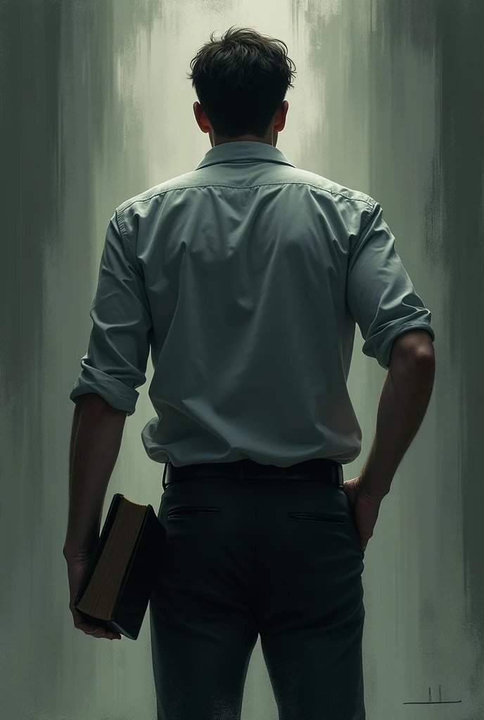 a man wearing shirt pant standing showing back. his face can't be seen.he holdings a book in his one hand. thriller illustration 