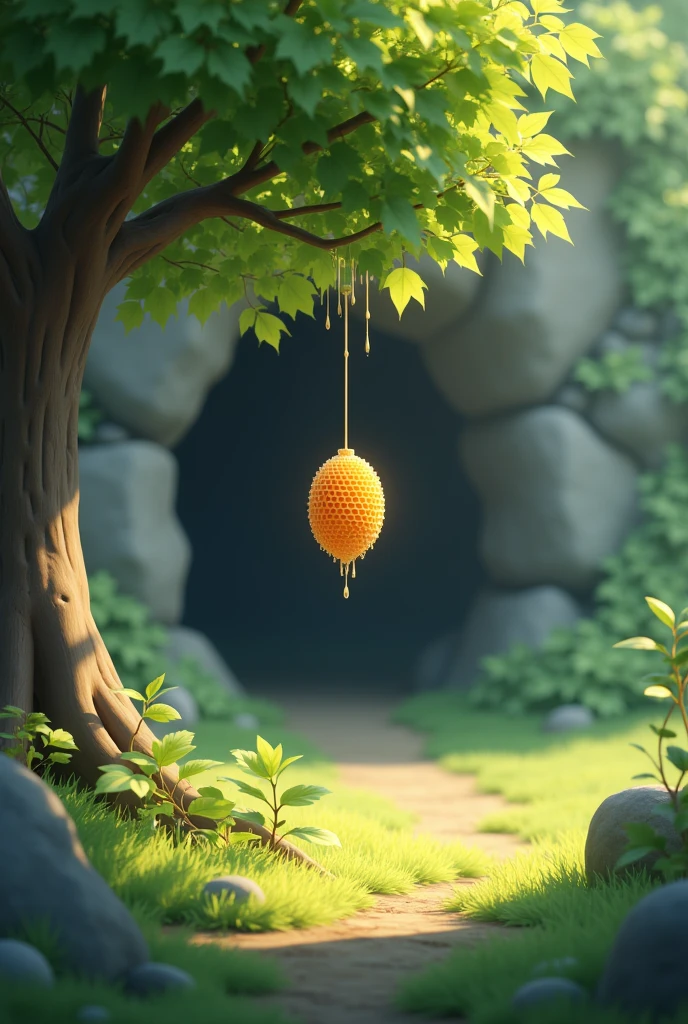 generates an image outside the cave with a small honeycomb hanging on a green tree