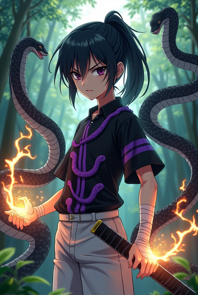 Young character 2 anime man with black hair with a ponytail and black eyes serious with a black shirt with purple stripes with snakes, white pants, lightning katana and fire hand and in a forest with bandages on his hands with 6 black and white snakes on his body full body
