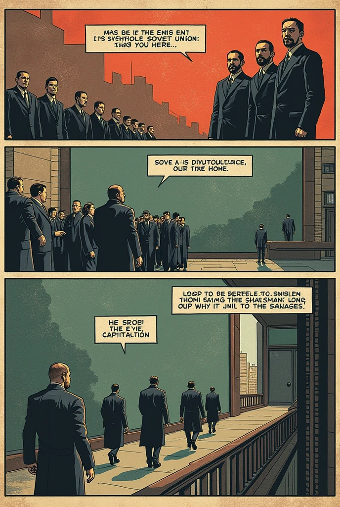 make a comic strip with your characteristics (Onomatopoeia, texture in the background, chalkboard) with aesthetics of the end of the USSR and Russia and the dominance of capitalism, with US aesthetics about the end of the war and the dismemberment of the USSR