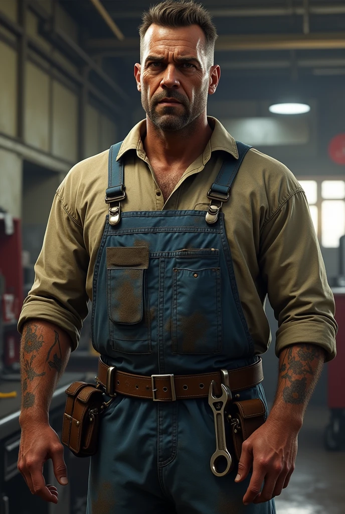 Create an image of a mechanic character in the style of GTA V, with the game’s realistic yet slightly exaggerated look. The mechanic should have a rugged, hardworking appearance, with sharp, detailed facial features and a tough, no-nonsense expression. He should be dressed in a classic mechanic's uniform—grease-stained coveralls, heavy boots, and a tool belt around his waist. To add to the gritty, urban vibe, include details like tattoos, a wrench in hand, or a bandana. The background should depict a gritty, urban garage or workshop, fitting the detailed, immersive style of GTA V.