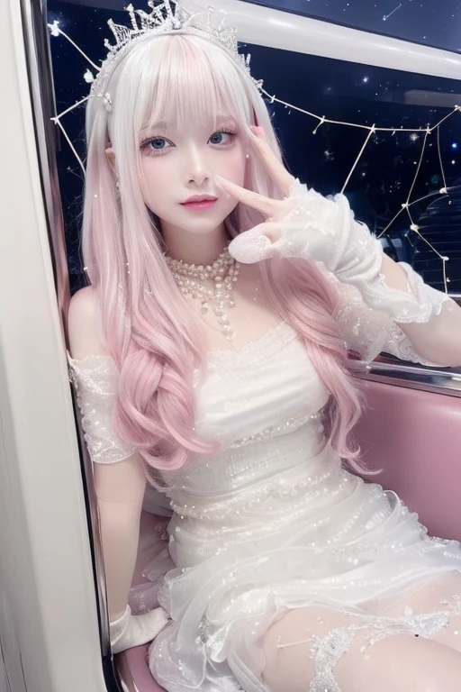 (8K, Top quality, masterpiece:1.2), (Realist, Photorealistic:1.37), Super Detail, A girl,), (Very detailed), (Beautifully detailed eyes), (Highest quality), (Very detailed ), (masterpiece), (Delicate face),20 years old, ,1 girl, ((Pink Hair,Long hair)), Medium breasts, wearing clothes, Perfect lighting, rest, (Elegant white dress:1.5), Goddess-like, (Long moving train:1.3), (Luxurious silk:1.2), (Shiny satin:1.2), (Exquisite organza:1.2), (Exquisite embroidery:1.2), (Dazzling pearls:1.2), (shiny sequins:1.1), (Off-the-shoulder corset:1.1), Romantic, (Thin waistband:1.1), (Elbow-length long gloves:1.1), (Exquisite crown:1.1), statement earrings, Pearl Necklace, (Stilettos:1.1), Transparent socks, rest, (Elegant Posture:1.2), ( Upper body to thigh:1.1), (long Pink Hair:1.2), wave, (Smile:1.1), (Crab constellation:1.3), (Mysterious night sky:1.4), (Soft lighting:1.2), (sharp contrast:1.2)
