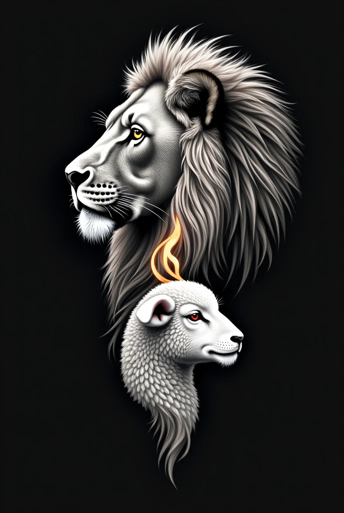 Tattoo of a lion's face looking to the left. A lamb's face below looking to the right and a flame between them.