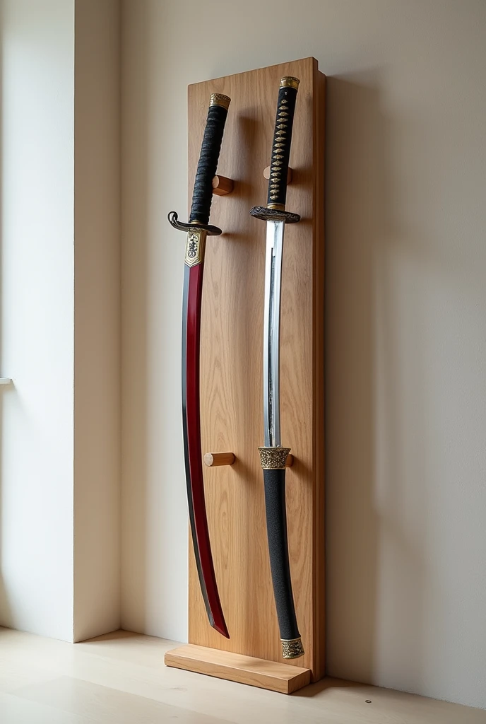 ((best quality)), ((masterpiece)), (detailed), A katana wall holder from the front which is made of wood which lifts 2 katana without a case, one katana is red black the other gold black