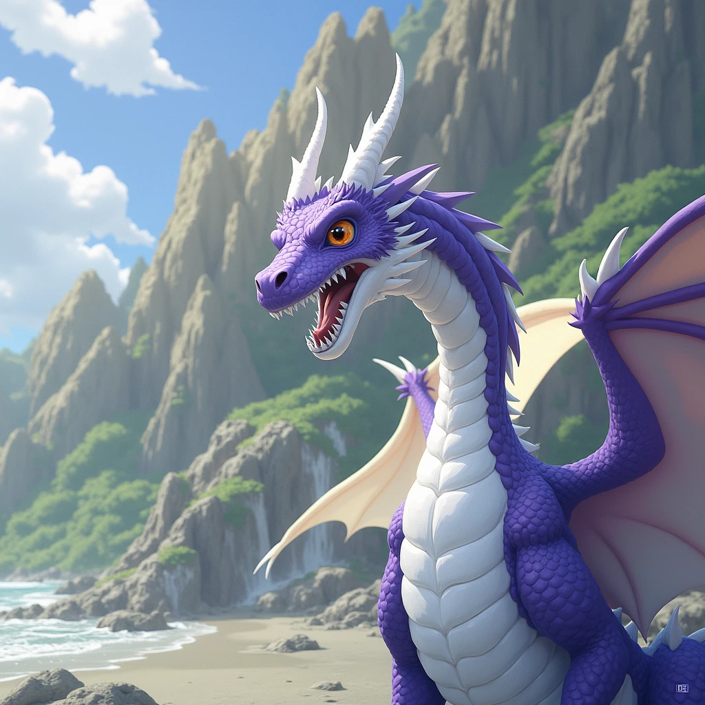 Beach landscape with a purple dragon background