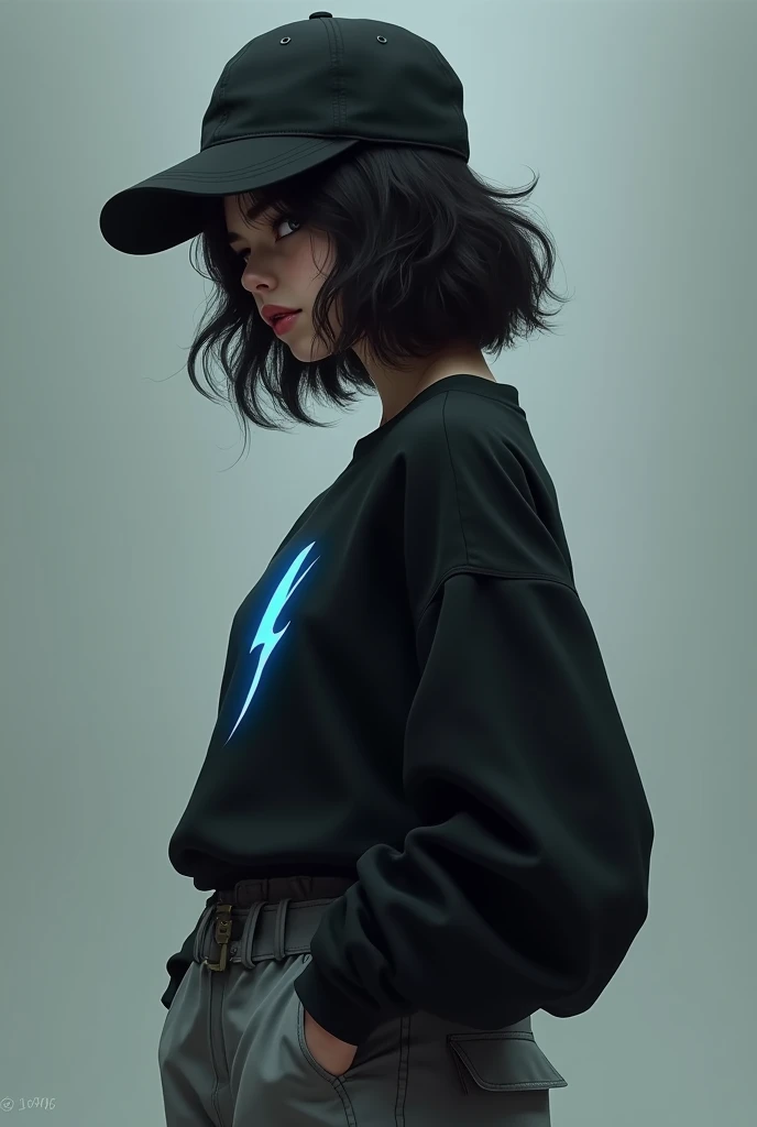 I want to make a game character. A girl with wavy long hair wearing a cap which is hiding her face. She is wearing a black oversized shirt and grey cargo pants. A lightning symbol in blue colour is there the black shirt of hers. This is a mysterious character and she is playing the role of mastermind in my game. The cap is hiding her face. She has a big oval shaped face. I need side pose image.