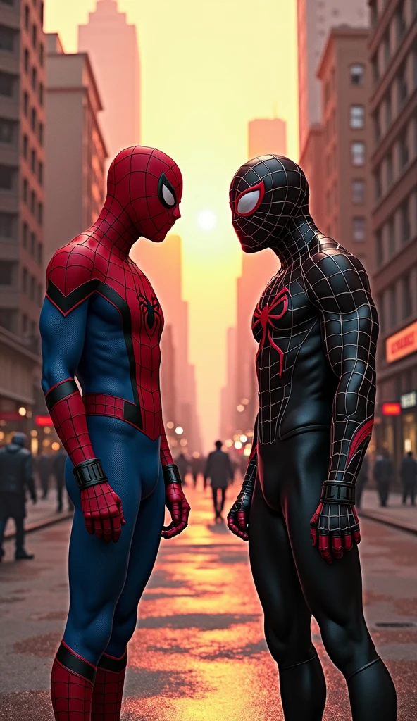 In a shimmering twilight over New York, Spider-Man finds himself in an unusual impasse: facing not only a new villain, but also his own twisted reflection, a corrupted version of himself, created from a remnant of the symbiote that once dominated him., Retro comic style artwork, perfect composition,hyperrealistic,super detailed,high quality,sharp focus,studio photo,intricate details,highly detailed