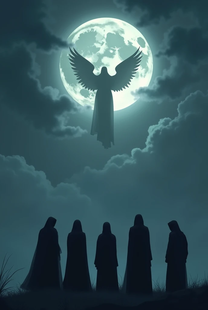 Generates the moon covered by a layer of thin clouds and in these you can see the silhouette of 6 people in black just below the moon with an angel silhouette above the dark silhouettes