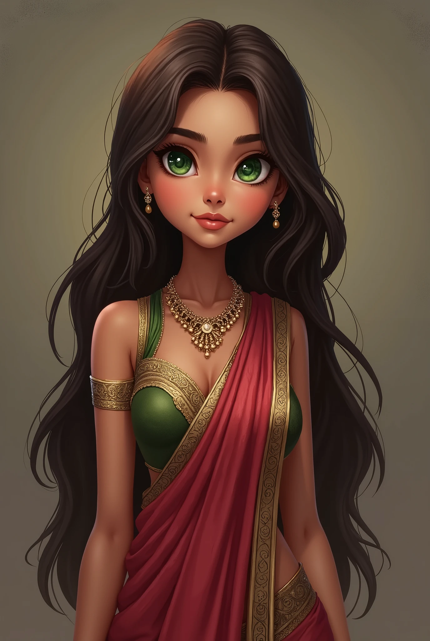 1 girl in, 20 year, standing alone, long hair, Indian, looking ahead at viewer, hair Brunette, greeneyes, jewerly, whole body, a necklace, Saree, realisitic, A sexy, big boobies