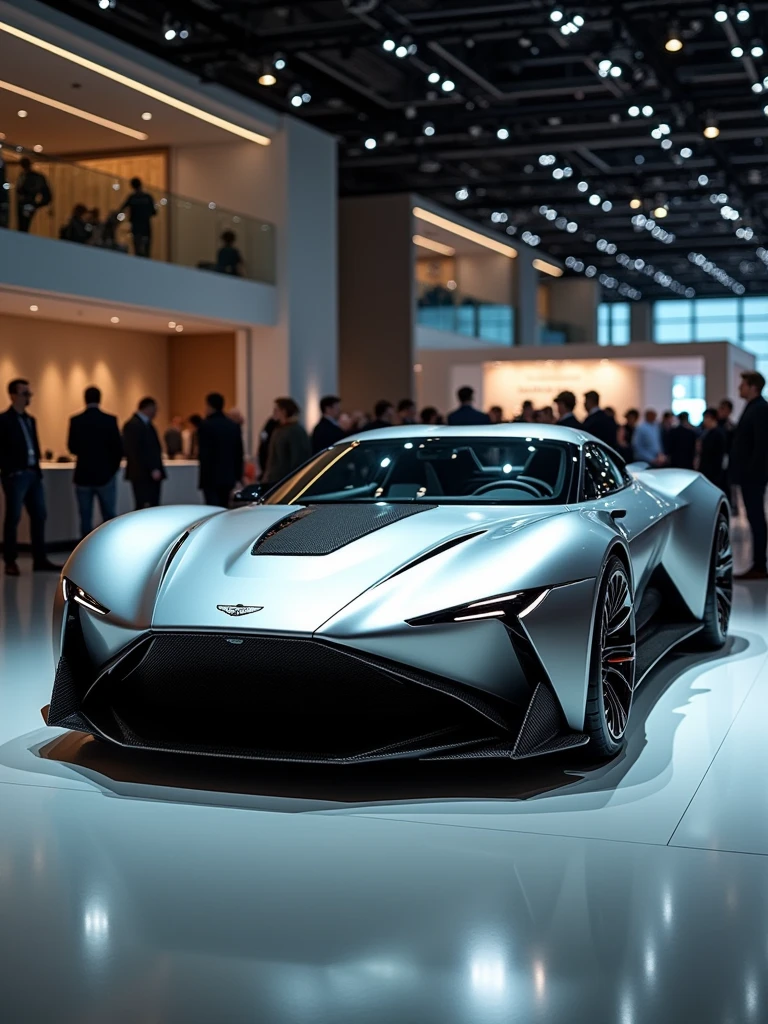 Aston Martin hypercar prototype in auto expo, include hyper realism, futuristic material, cutting edge design, hd, 4k.