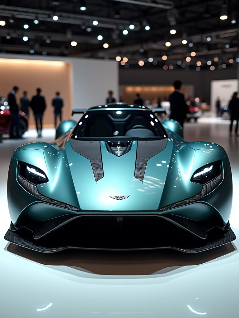 Aston Martin hypercar prototype in auto expo, include hyper realism, futuristic material, cutting edge design, hd, 4k.