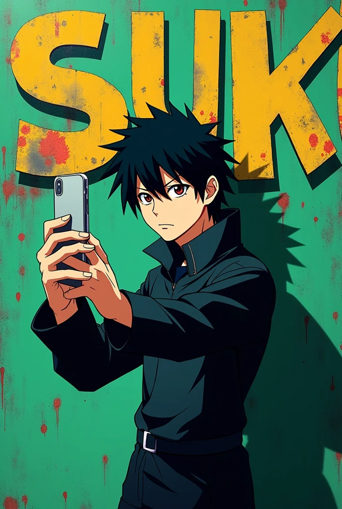 anime handsome sasuke taking a selfie with a green wall with the word ABSTRACT letters which is written on the wall