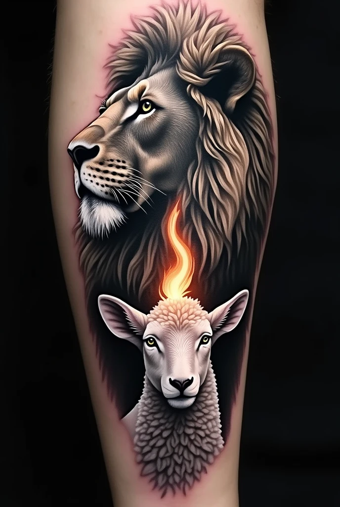 Tattoo of a lion's face looking to the left. A lamb's face below looking to the right and a flame between them.