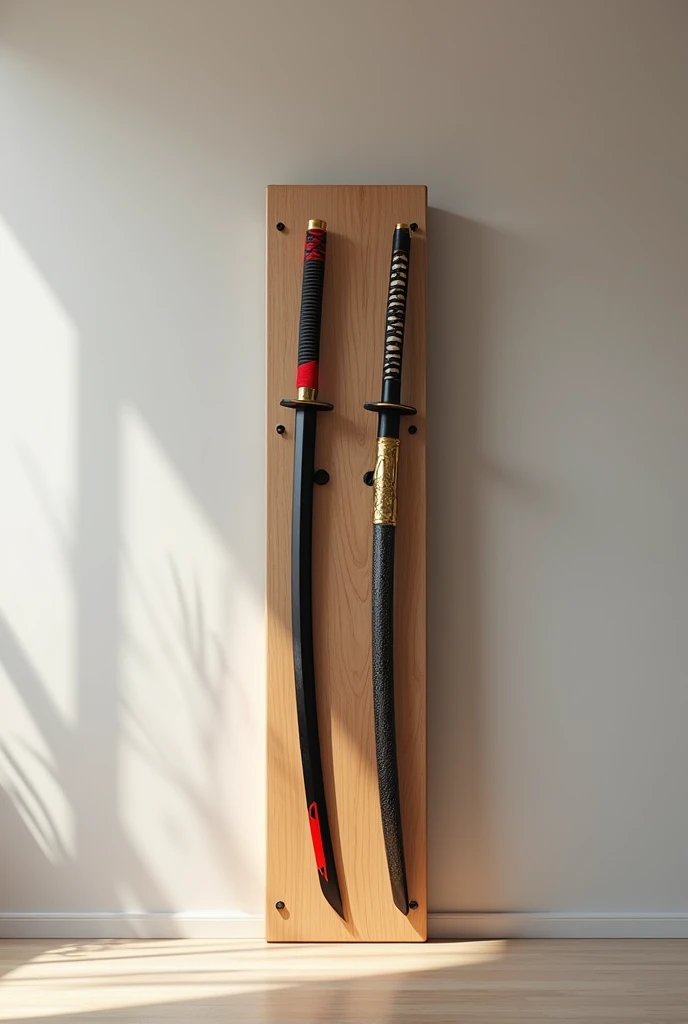 ((best quality)), ((masterpiece)), (detailed), A katana wall holder from the front which is made of wood which lifts 2 katana without a case, one katana is red black the other gold black