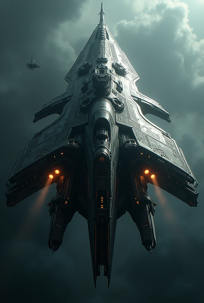 create a fearsome alien spaceship with 4 engines, double wings and ray cannon